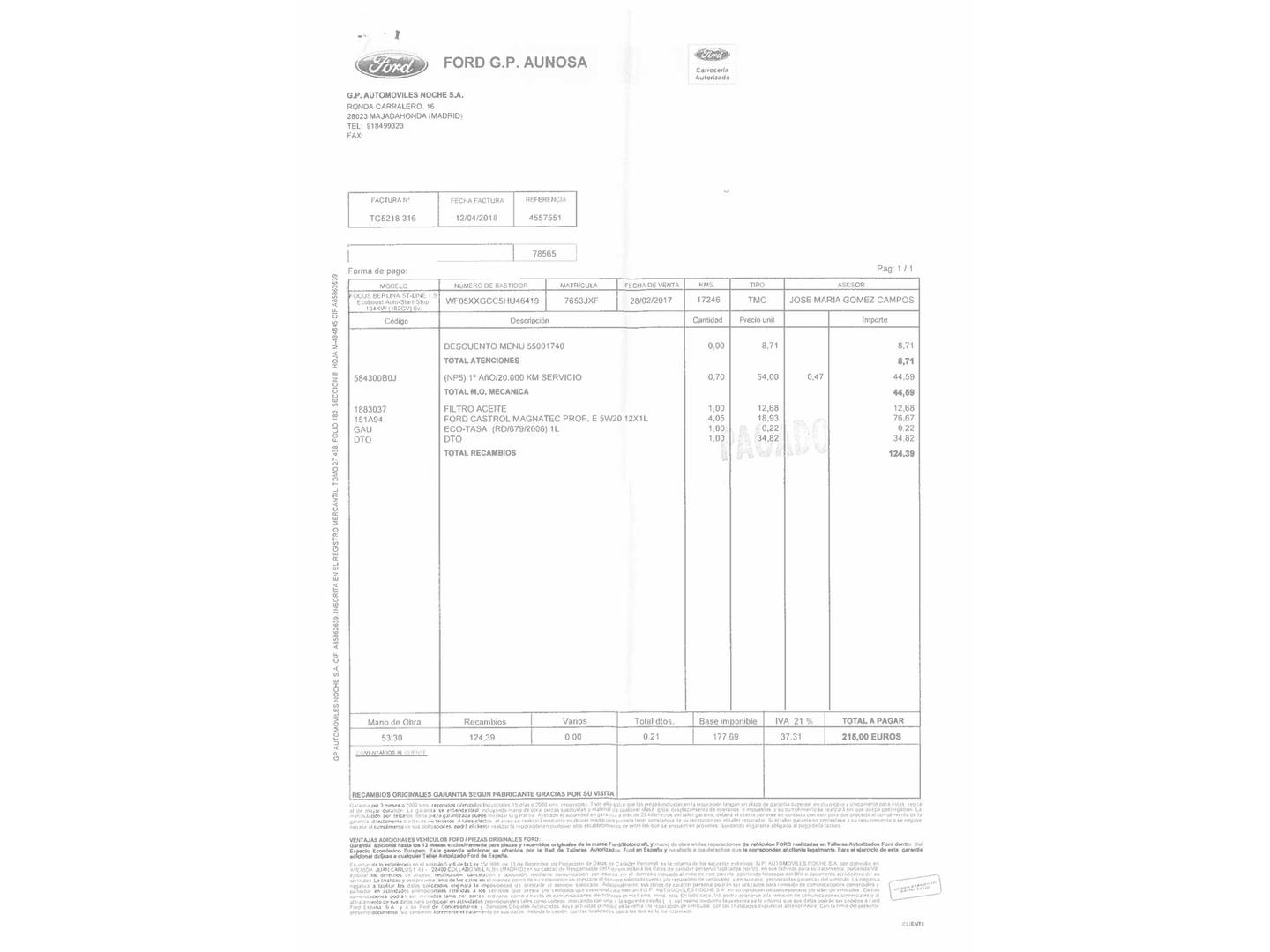 Foto del mantenimiento del Ford Focus Ford Focus 1.5 Ecoboost ST-Line Black&Red (182 CV)