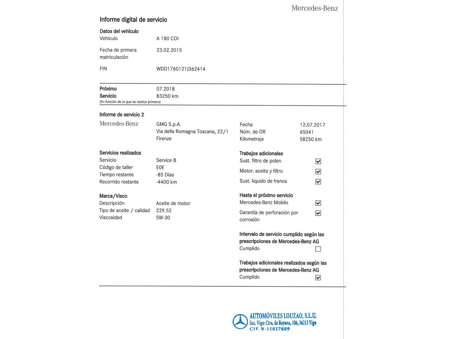 Foto del mantenimiento del Mercedes Clase A Mercedes-Benz Clase A 180 CDI AMG Line (109 CV)