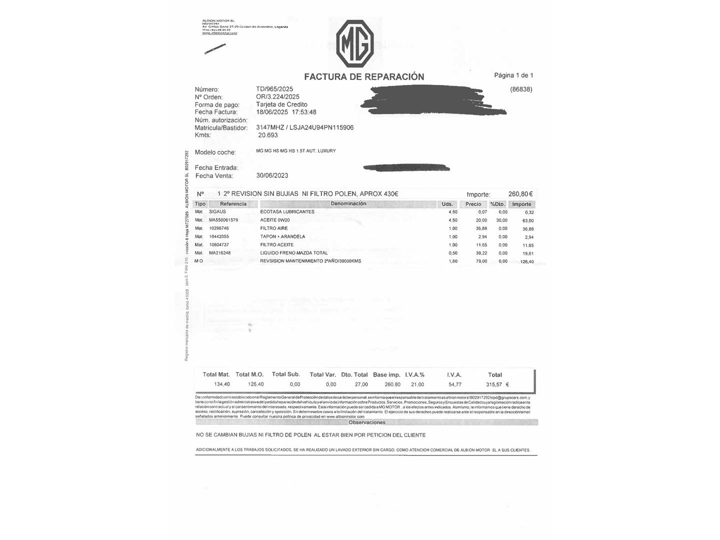 Foto del mantenimiento del MG HS MG HS 1.5 Turbo GDI Luxury DCT (162 CV)