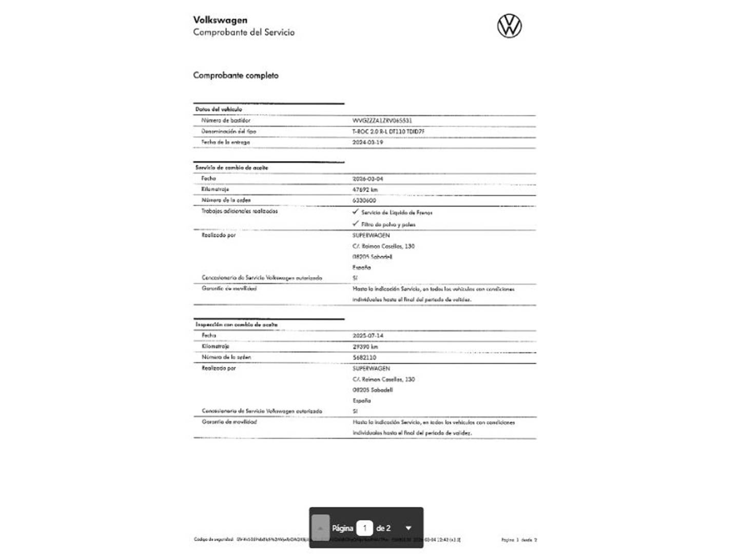 Foto del mantenimiento del Volkswagen T-Roc Volkswagen T-Roc R-Line 2.0 TDI (150 CV) DSG