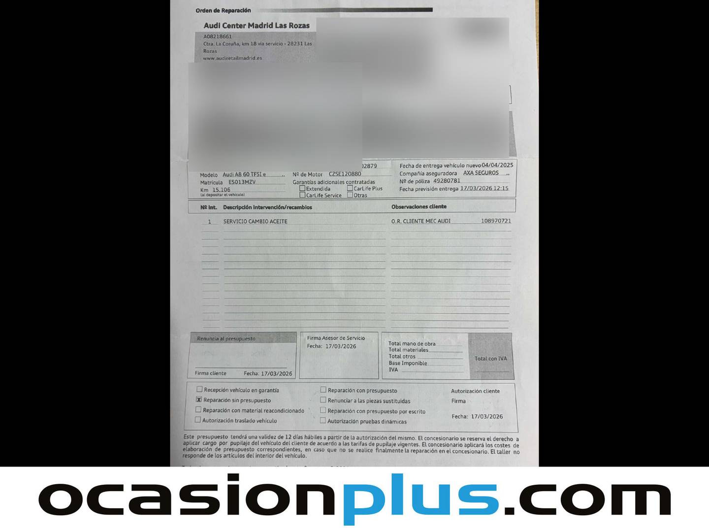 Foto del mantenimiento del Audi A8 Audi A8 TFSIe 60 TFSIe quattro (462 CV) tiptronic