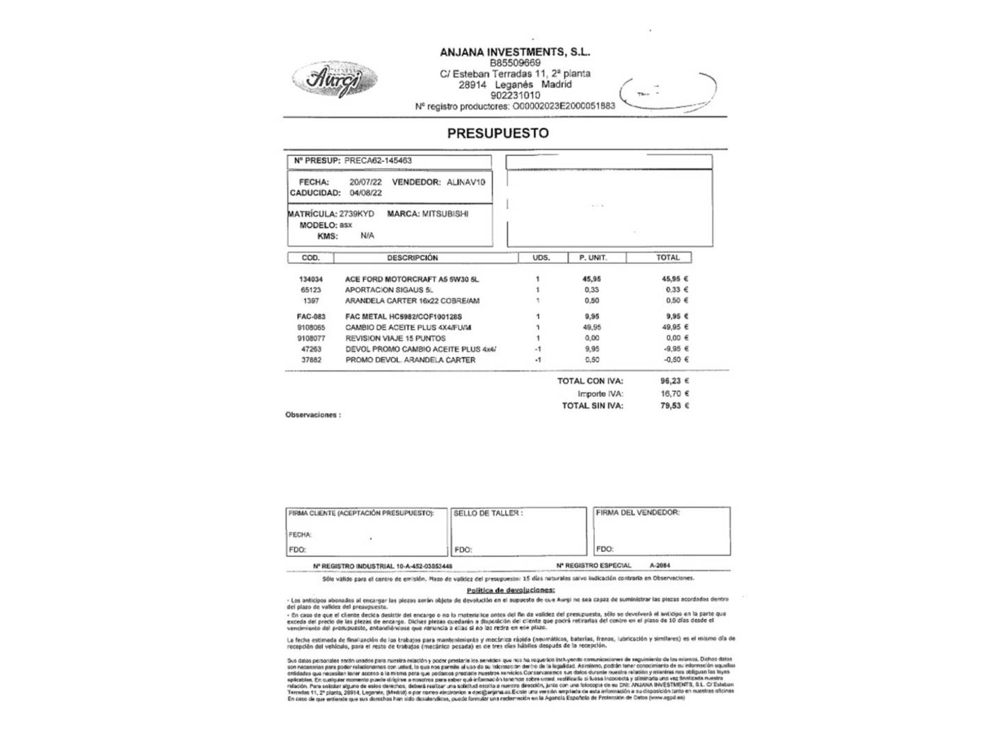 Foto del mantenimiento del Mitsubishi ASX Mitsubishi ASX 160 MPI Motion (117 CV)
