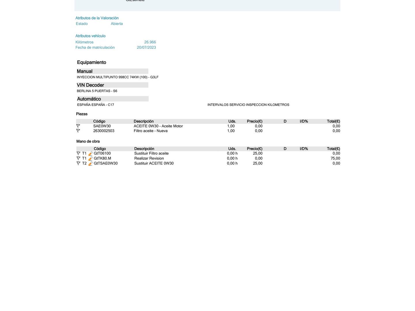 Foto del mantenimiento del KIA Rio KIA Rio 1.0 T-GDi MHEV iMT Drive (100 CV)