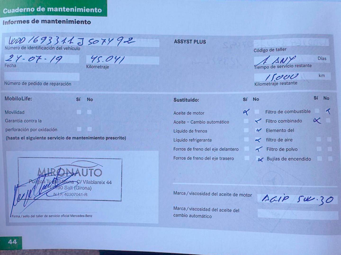 Foto del mantenimiento del Mercedes Clase A Mercedes Clase A 150 Classic (95 CV)