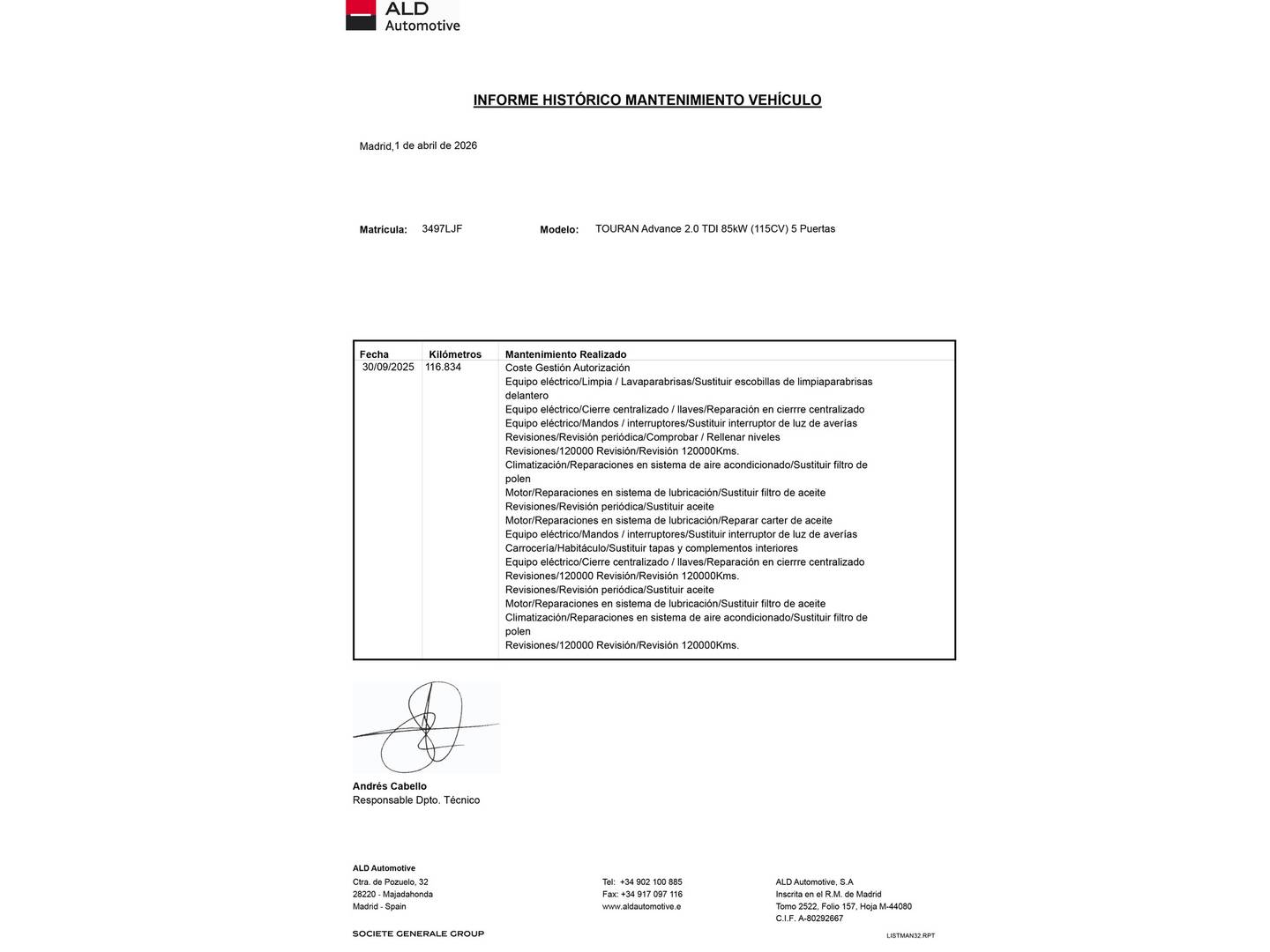 Foto del mantenimiento del Volkswagen Touran Volkswagen Touran Advance 2.0 TDI BMT (115 CV)