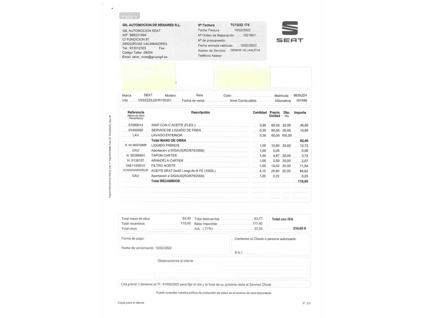 Foto del mantenimiento del Seat Ibiza Seat Ibiza 1.0 EcoTSI S&S FR DSG (110 CV)