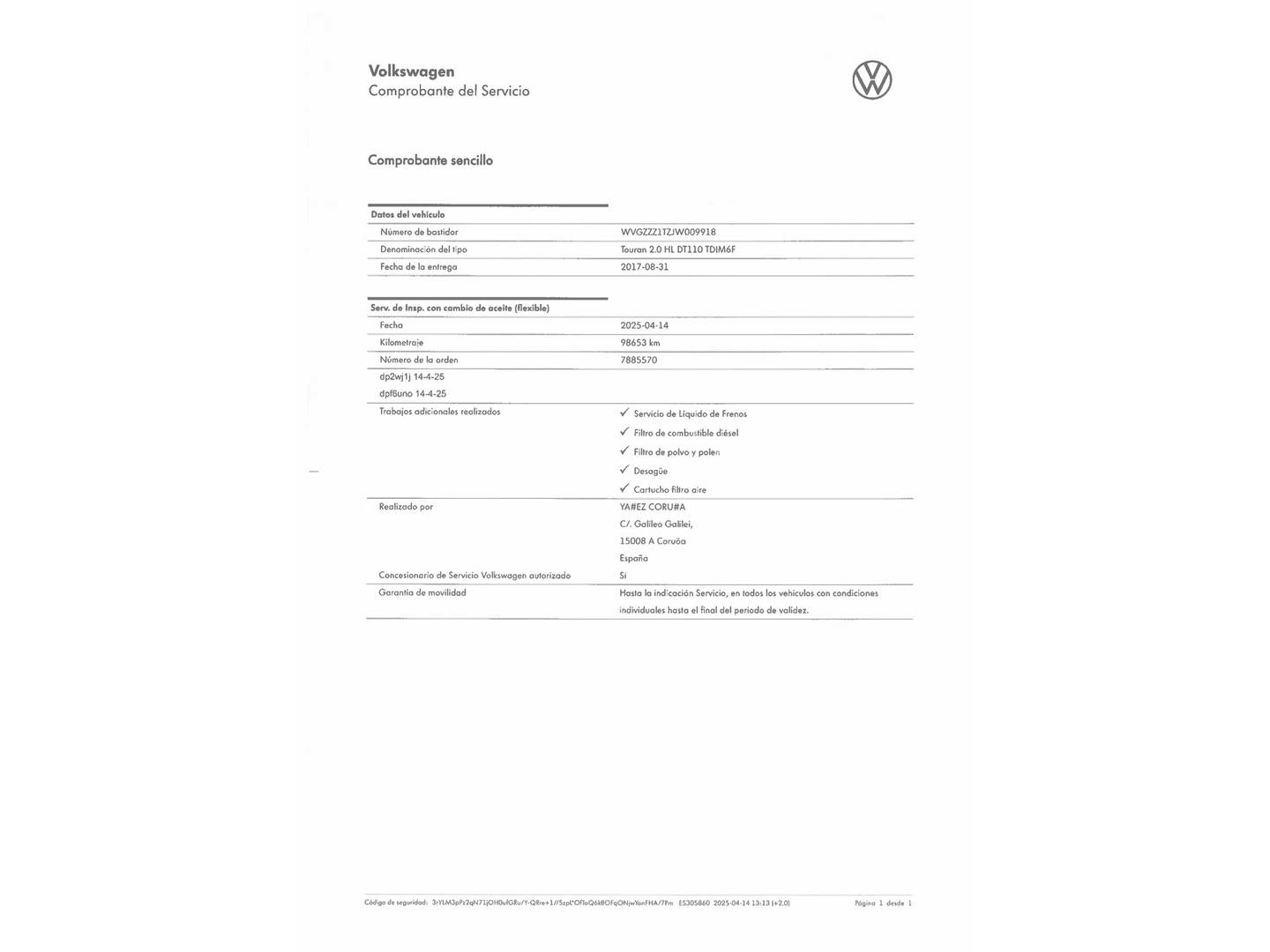 Foto del mantenimiento del Volkswagen Touran Volkswagen Touran Sport 2.0 TDI (150 CV) Pack R-Line