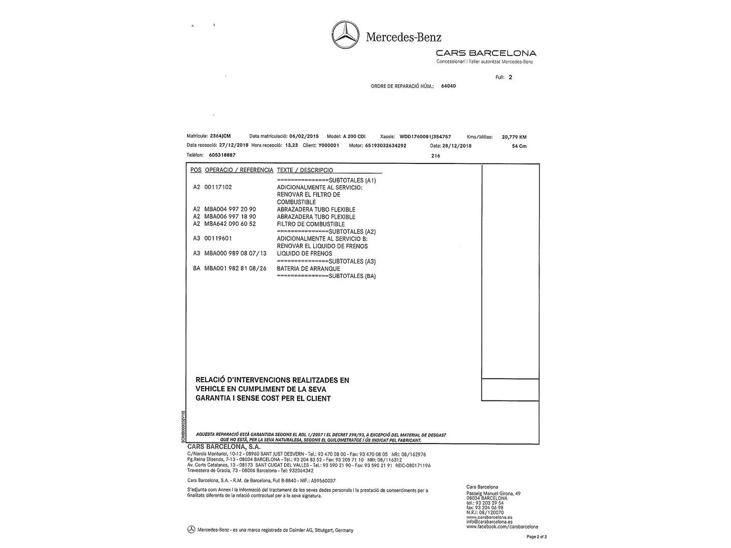 Foto del mantenimiento del Mercedes Clase A Mercedes Clase A 200 CDI AMG Line (136 CV)