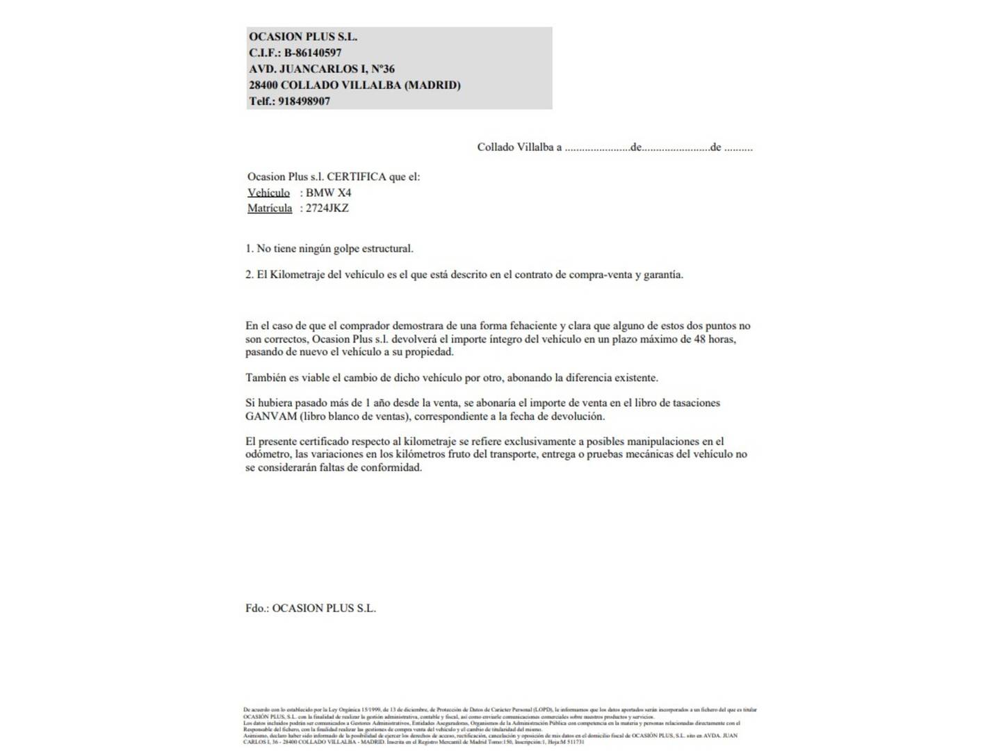 Foto del certificado del BMW X4 BMW X4 xDrive20d Pack M (190 CV)
