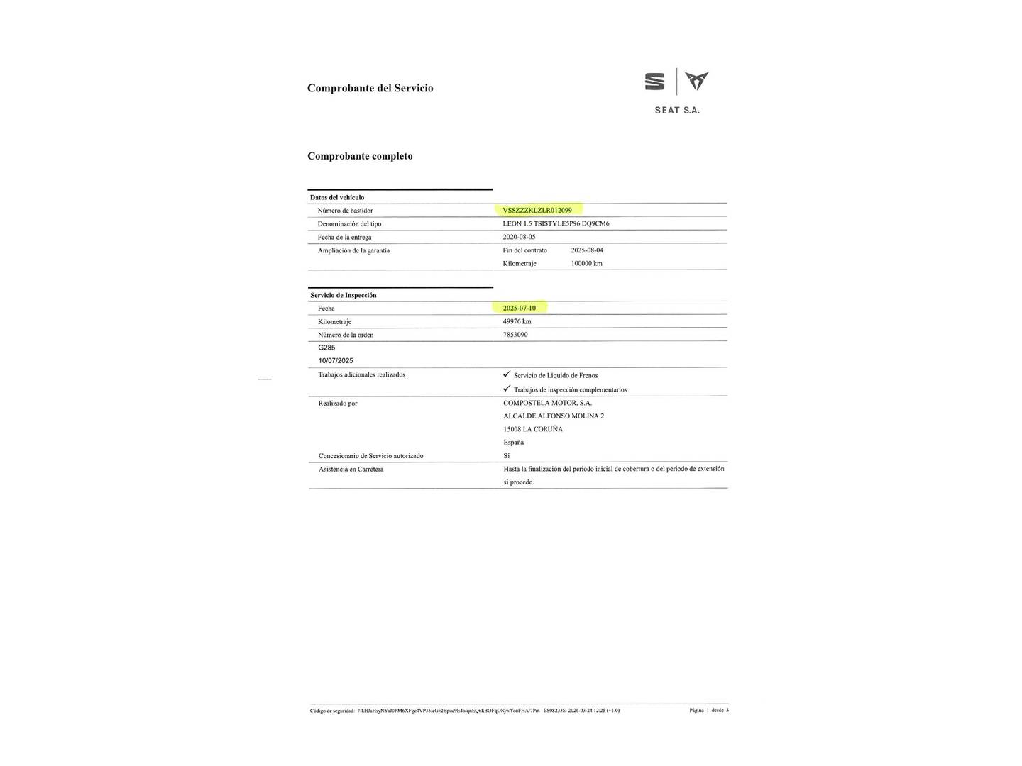 Foto del mantenimiento del Seat León SEAT León 1.5 TSI S&S Style Launch Pack con Navegador (130 CV)