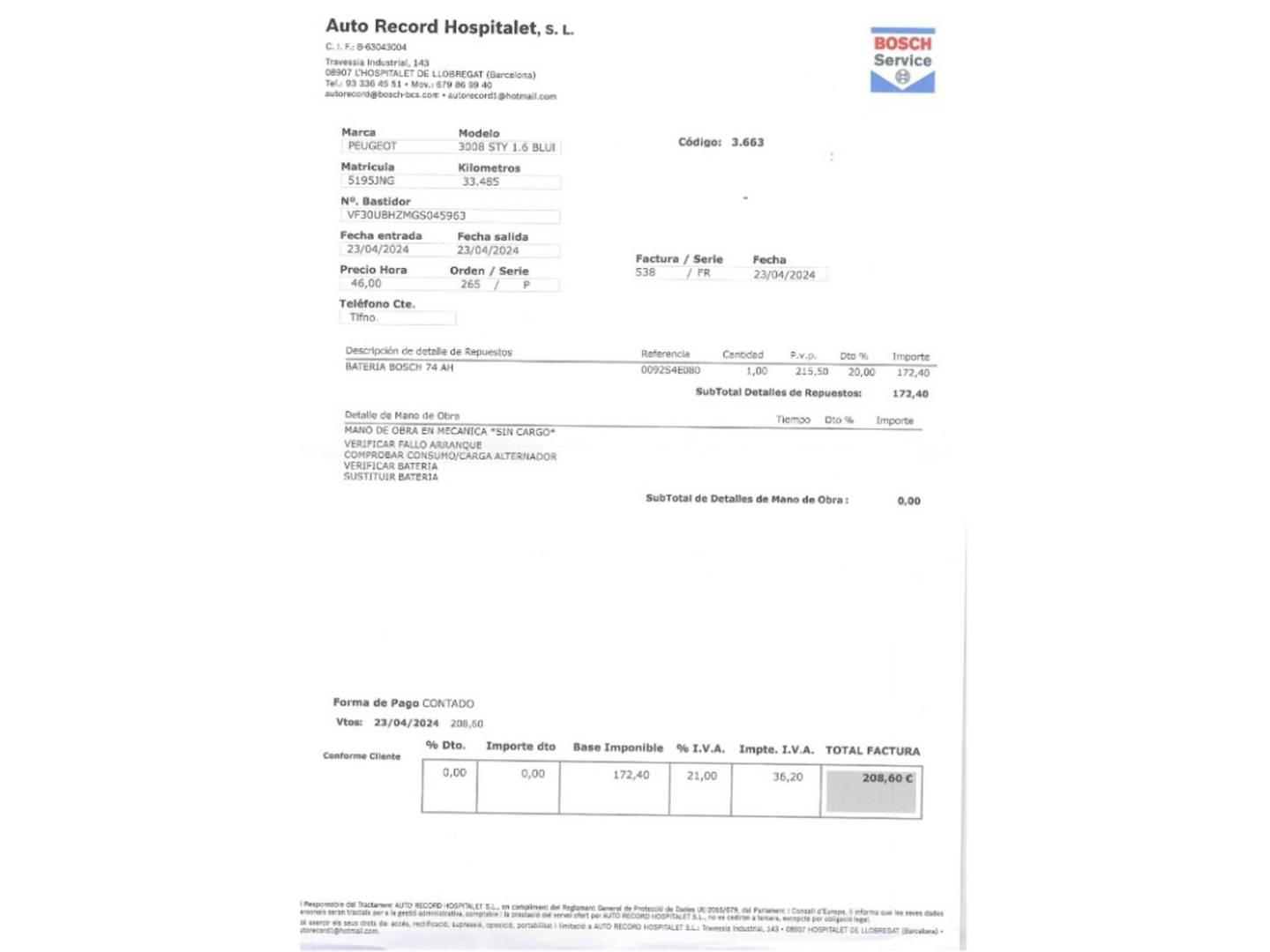 Foto del mantenimiento del Peugeot 3008 Peugeot 3008 1.6 BlueHDI FAP Style (120 CV)