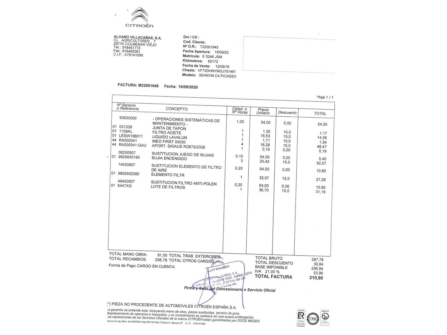 Foto del mantenimiento del Citroën C4 Picasso Citroën C4 Picasso PureTech 130 S&S Feel (130 CV)