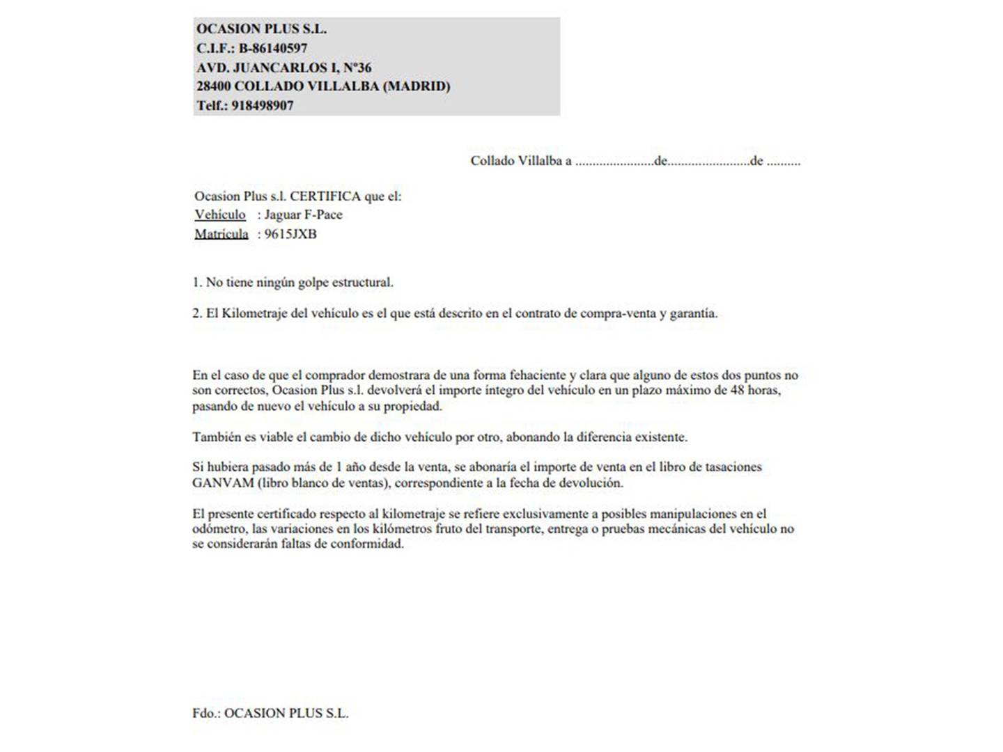 Foto del certificado del Jaguar F-Pace Jaguar F-PACE 2.0L i4D R-Sport RWD  (180 CV)