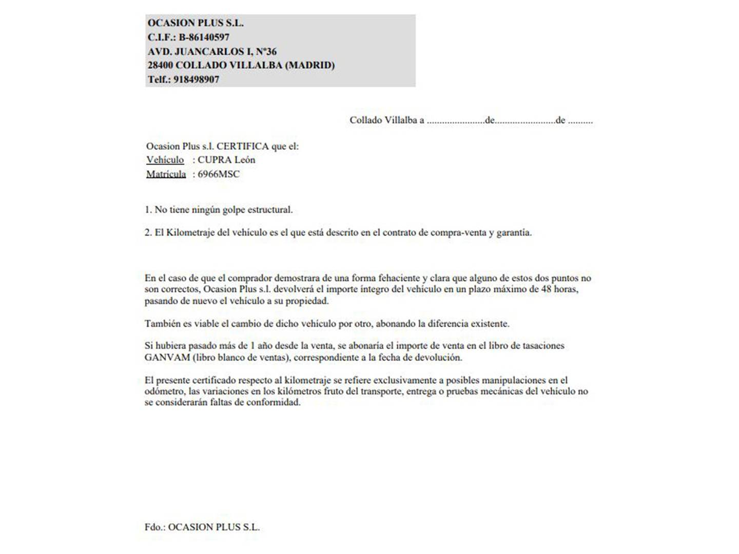 Foto del certificado del Cupra León Cupra León 1.5 eTSI DSG (150 CV)