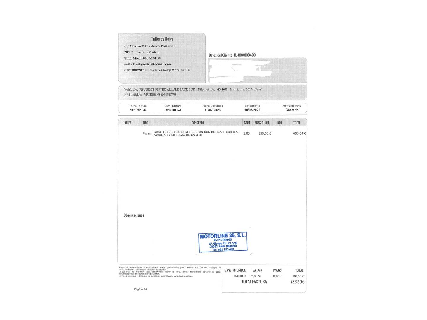 Foto del mantenimiento del Peugeot Rifter Peugeot Rifter PureTech 130 Allure Pack Standard EAT8 (130 CV)
