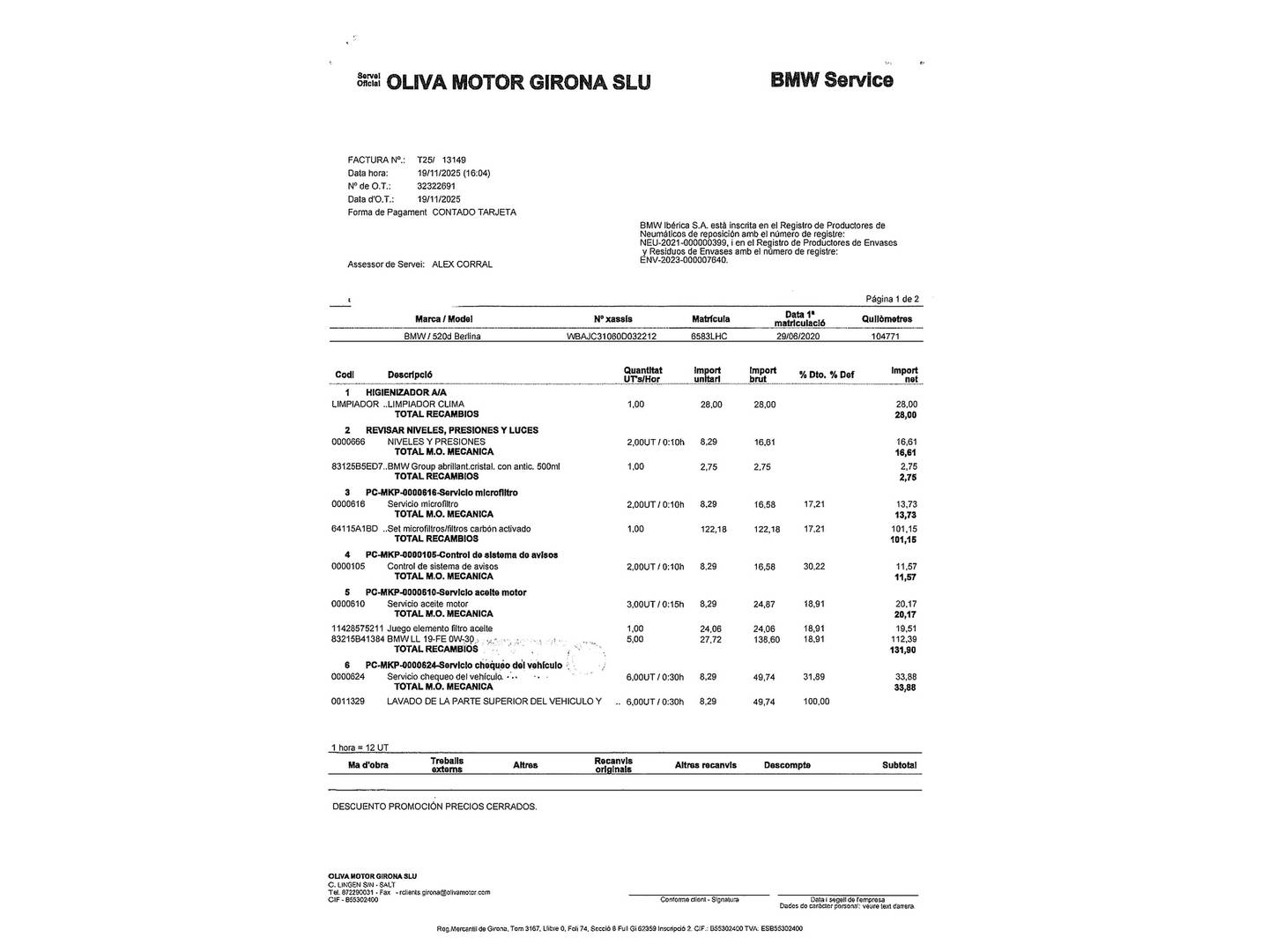 Foto del mantenimiento del BMW Serie 5 BMW Serie 5 520d Business (190 CV)Pack M