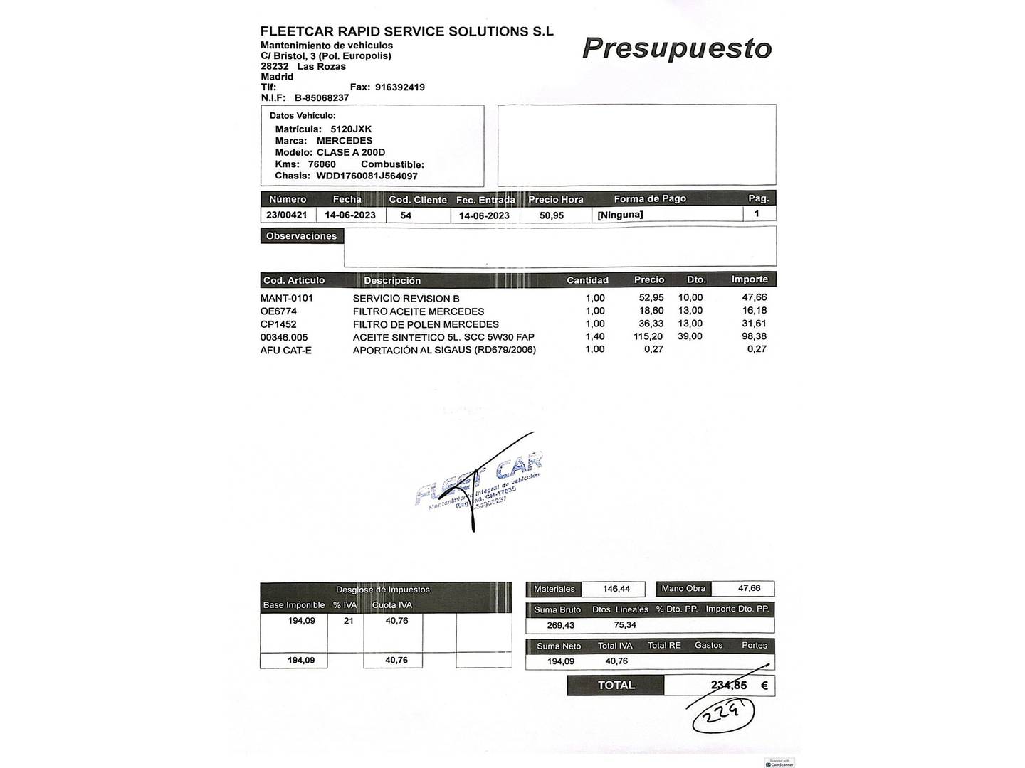 Foto del mantenimiento del Mercedes Clase A Mercedes Clase A 200 d (136 CV) Pack AMG