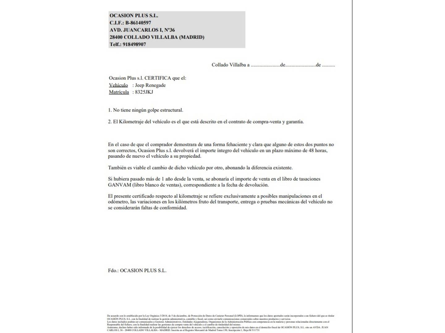 Foto del certificado del Jeep Renegade Jeep Renegade 2.0 Multijet Limited Active Drive 4x4 (140 CV)