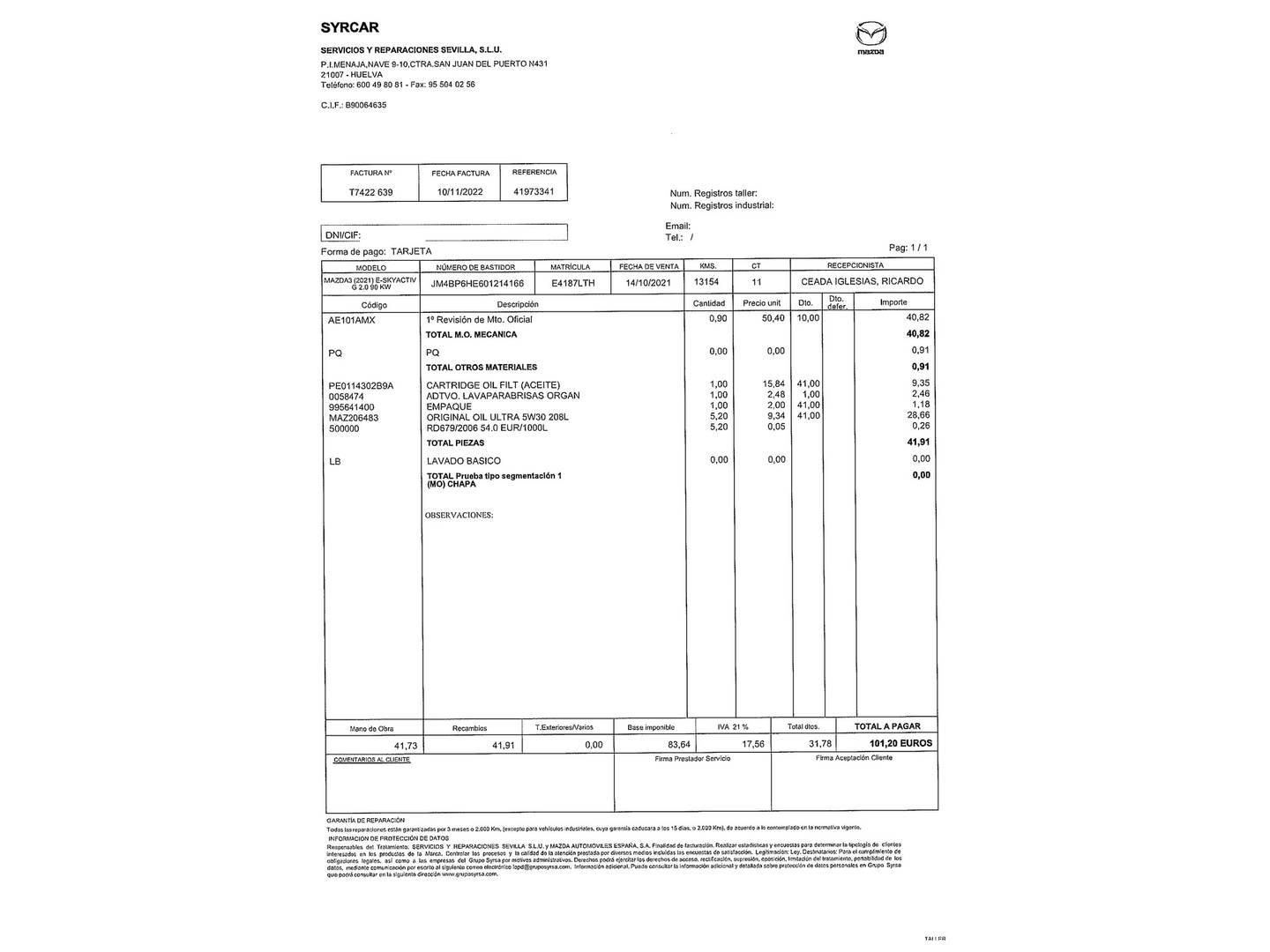 Foto del mantenimiento del Mazda Mazda3 Mazda Mazda 3 2.0 Skyactiv-G Evolution (122 CV)