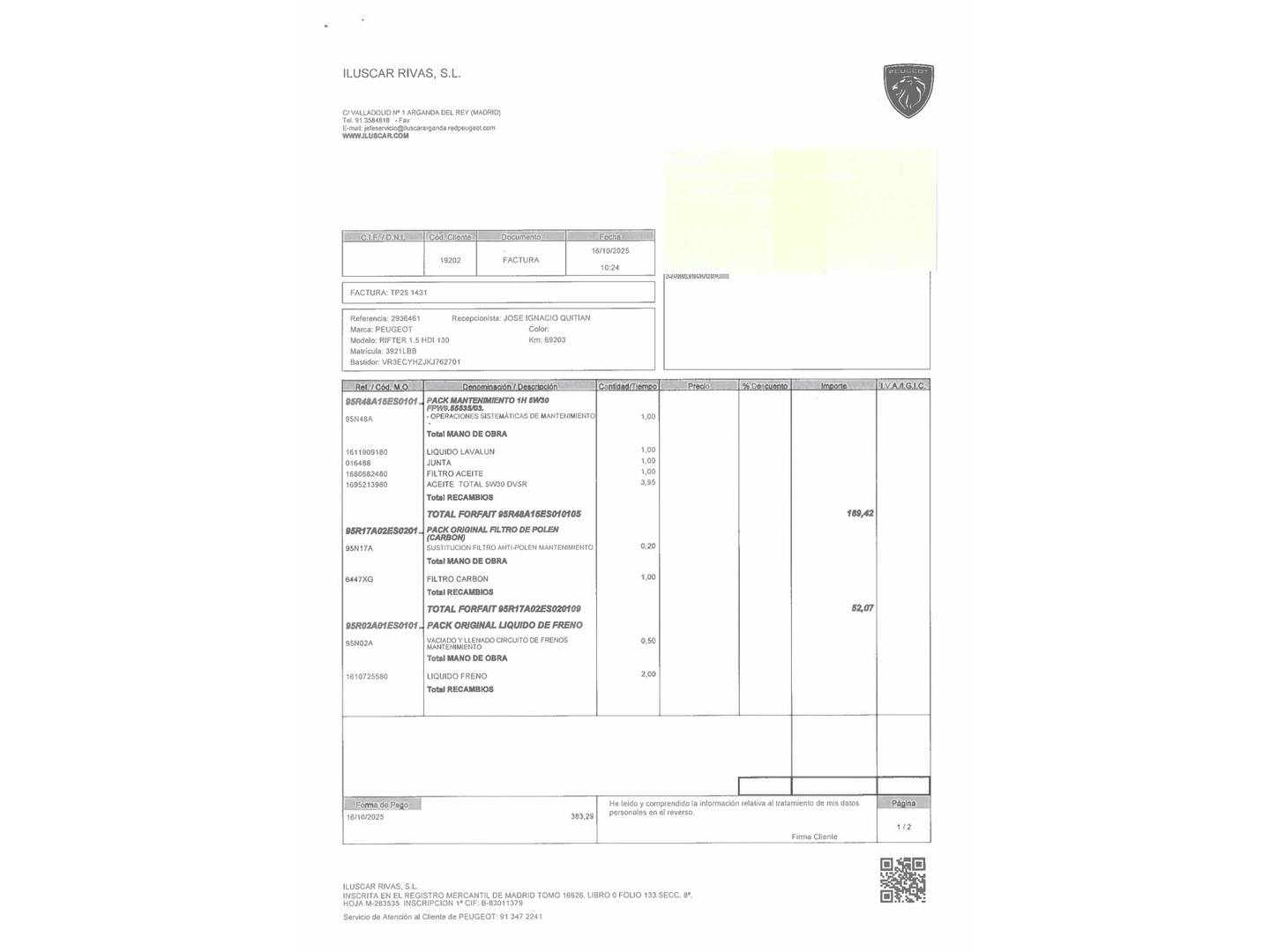 Foto del certificado del Peugeot Rifter Peugeot Rifter BlueHDi 130 S&S Allure Standard (130 CV)