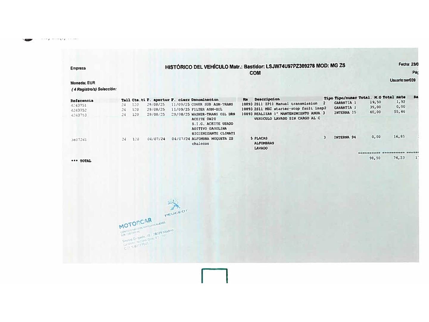 Foto del mantenimiento del MG ZS MG ZS 1.5 Comfort (106 CV)