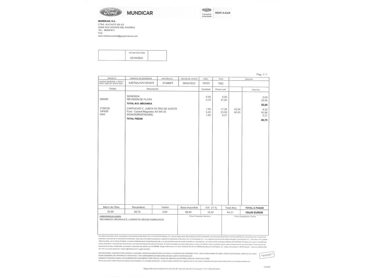 Foto del mantenimiento del Nissan QASHQAI Nissan Qashqai DIG-T 140 mHEV N-Connecta 4x2 (140 CV)