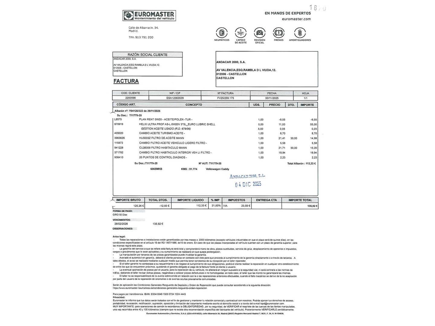 Foto del certificado del Volkswagen Caddy Volkswagen Caddy Cargo Cargo 2.0 TDI (75 CV)