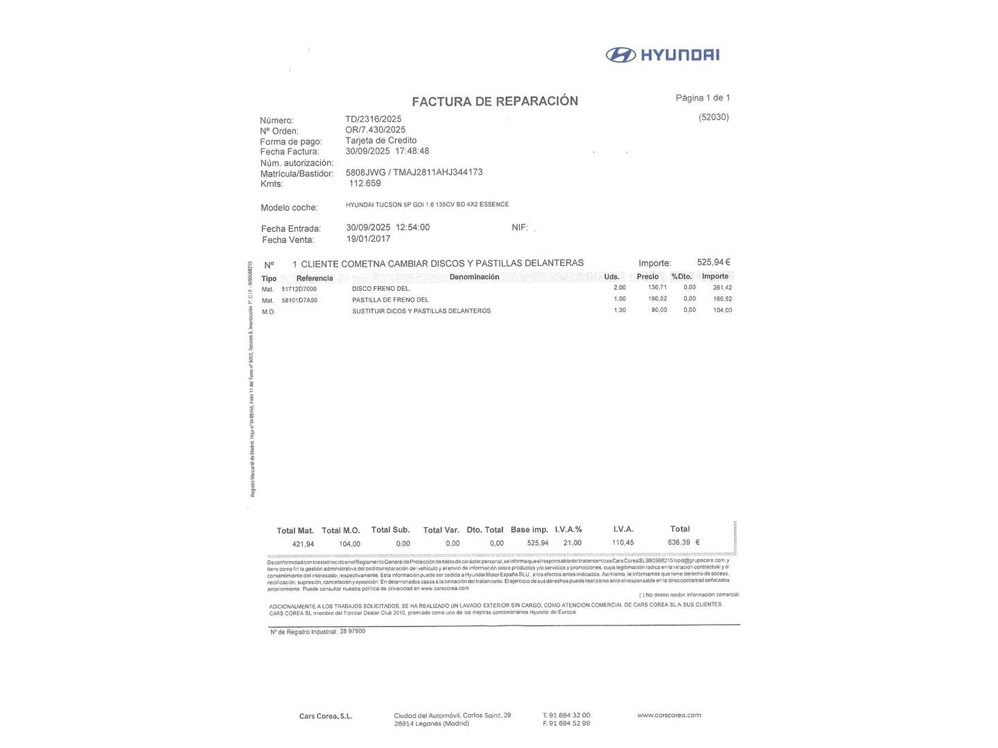 Foto del mantenimiento del Hyundai Tucson Hyundai Tucson 1.6 GDI BlueDrive Essence 4x2 (131 CV)