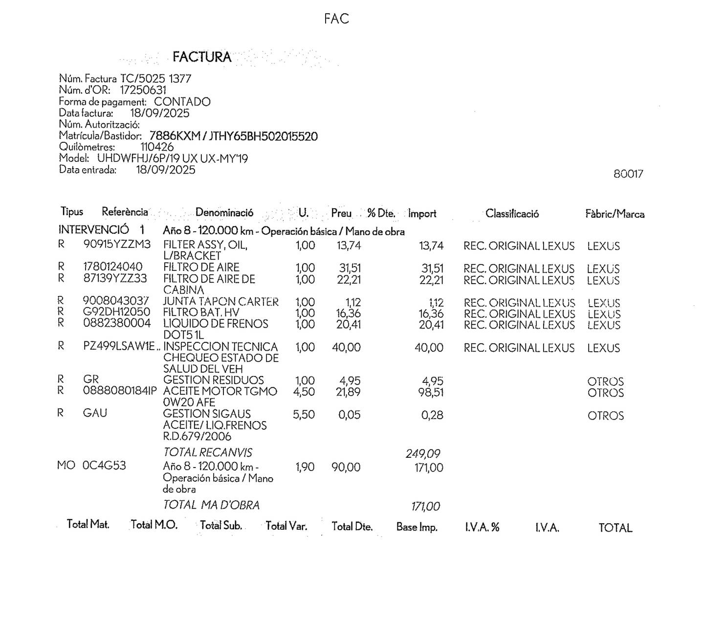 Foto del mantenimiento del Lexus UX Lexus UX 250h F Sport (184 CV)