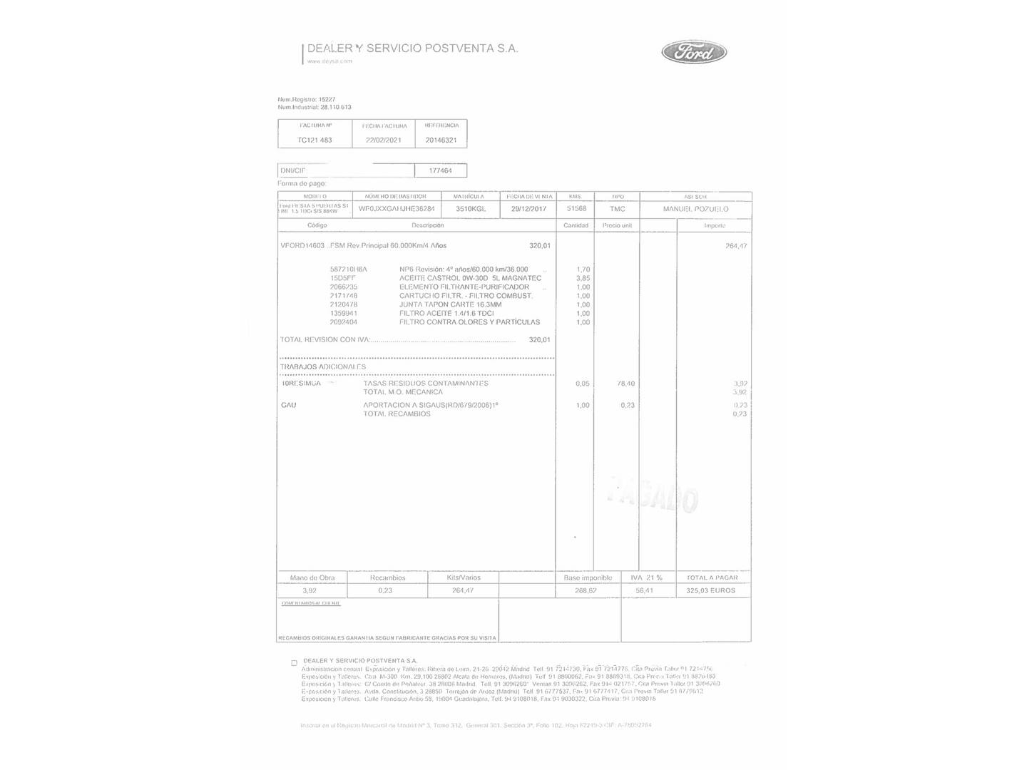 Foto del mantenimiento del Ford Fiesta Ford Fiesta 1.5 TDCI S&S ST-Line (120 CV)