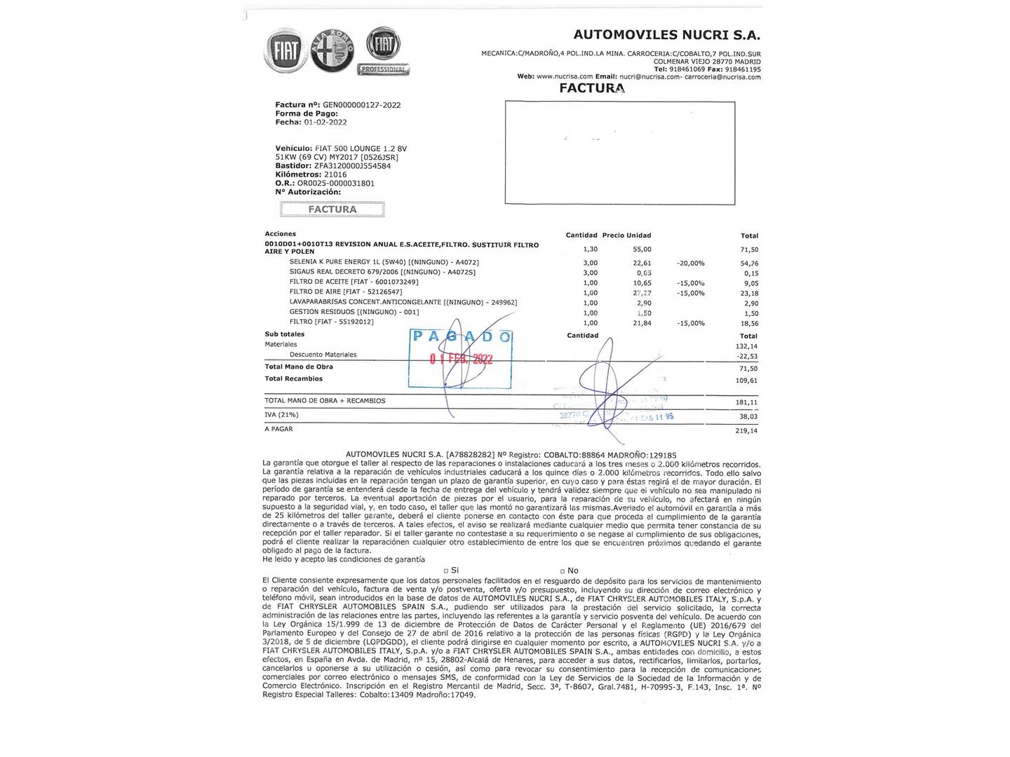 Foto del mantenimiento del Fiat 500 Fiat 500 1.2 8v Lounge (69 CV)