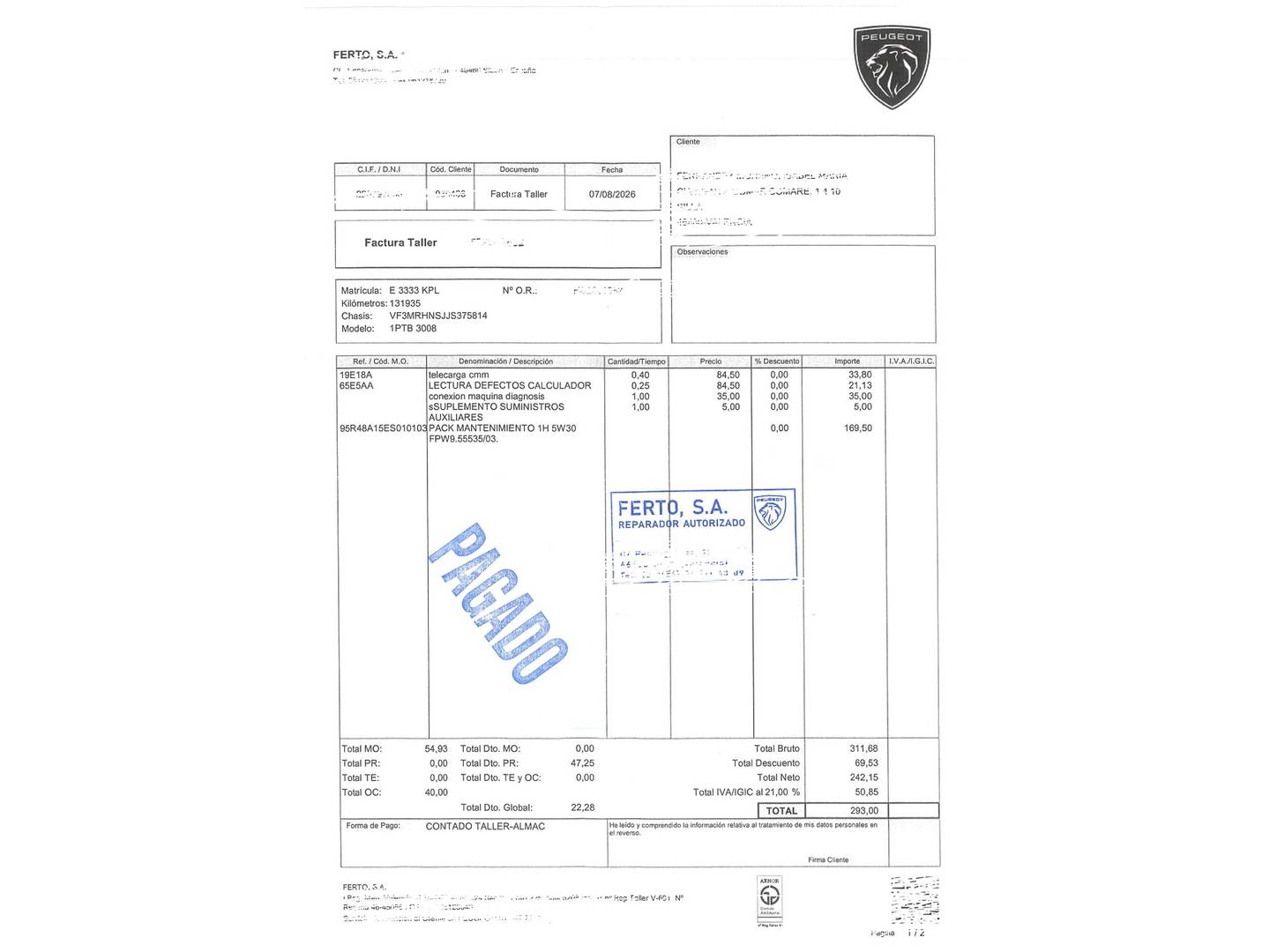 Foto del mantenimiento del Peugeot 3008 Peugeot 3008 PureTech 130 S&S GT Line (130 CV)