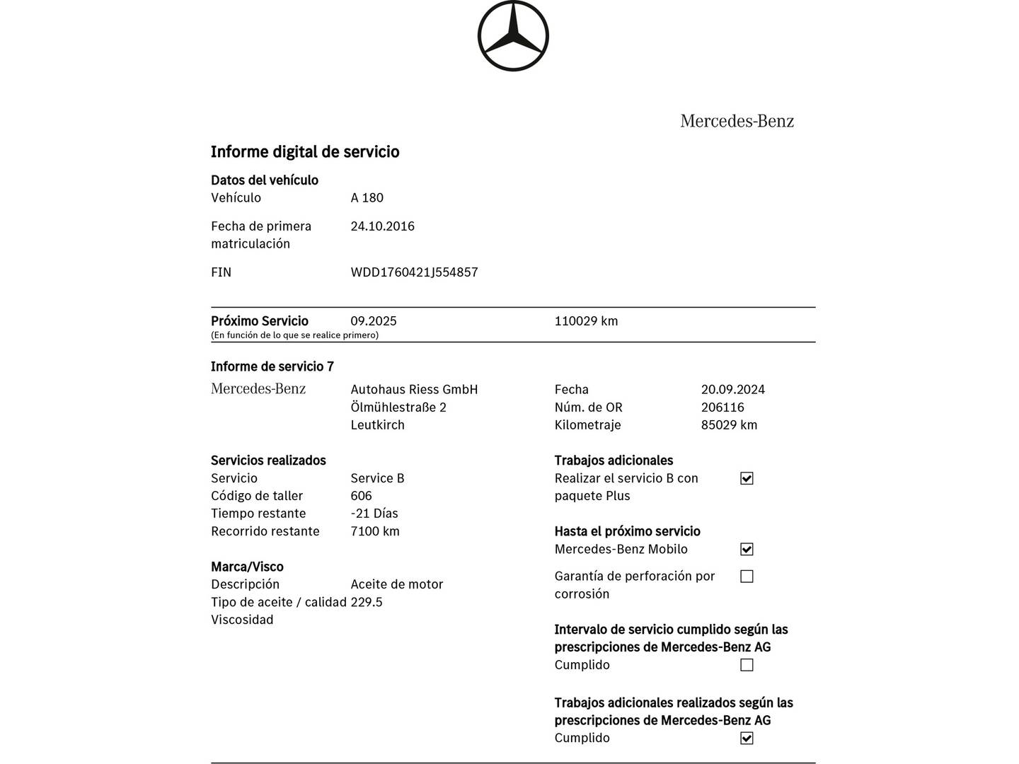 Foto del mantenimiento del Mercedes Clase A Mercedes Clase A 180 Urban (122 CV)
