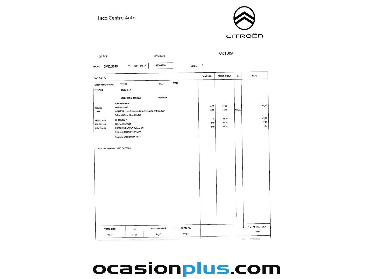 Foto del mantenimiento del Citroën ë-C4 X Citroën ë-C4 X 50KWh eléctrico Shine (136 CV)