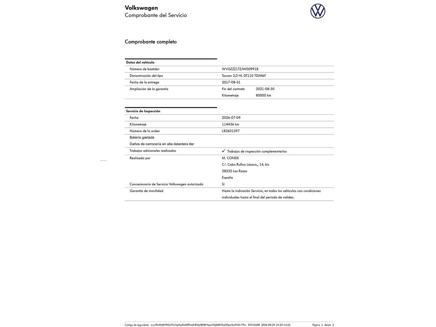Foto del mantenimiento del Volkswagen Touran Volkswagen Touran Sport 2.0 TDI (150 CV) Pack R-Line