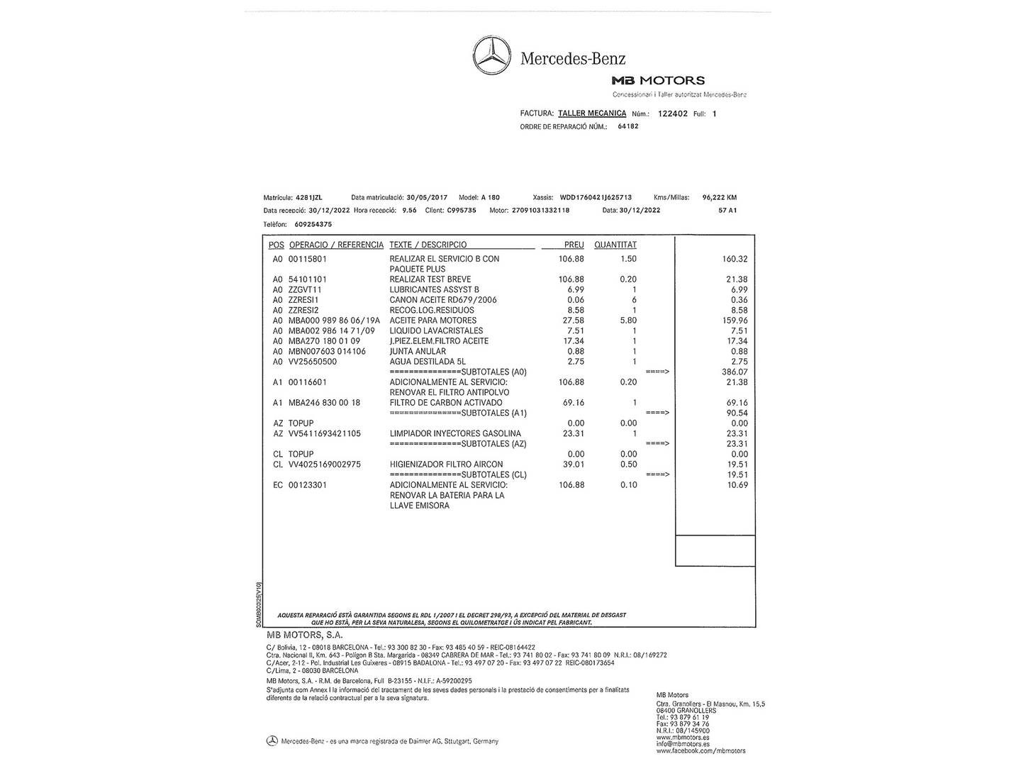 Foto del mantenimiento del Mercedes Clase A Mercedes Clase A 180 (122 CV)