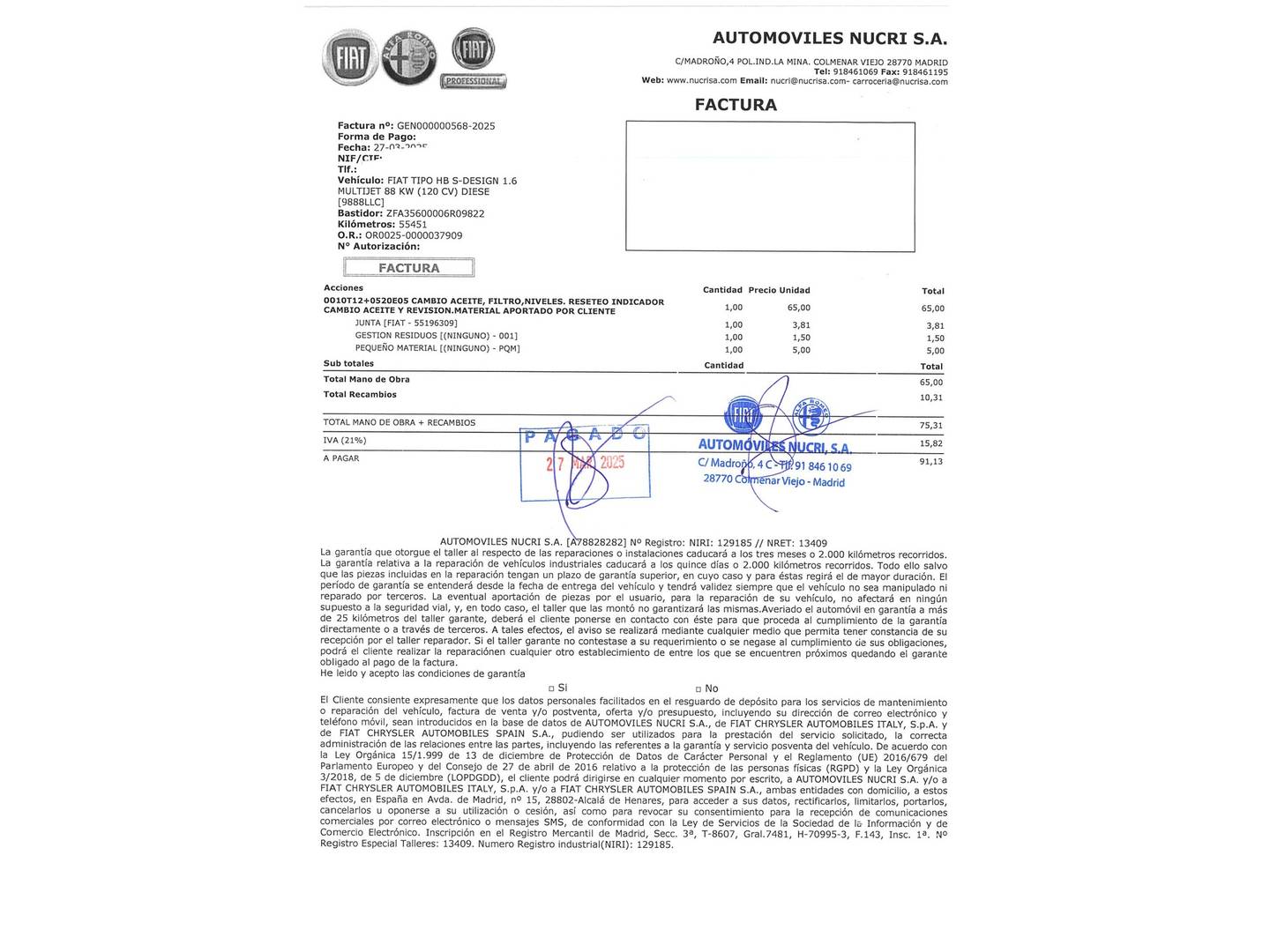 Foto del mantenimiento del Fiat Tipo Fiat Tipo 1.6 Multijet S Design (120 CV)