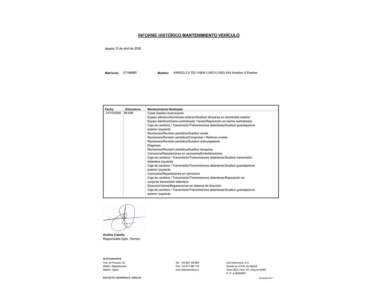 Foto del mantenimiento del Skoda Karoq Skoda Karoq 2.0 TDI Ambition 4X4 DSG (150 CV)