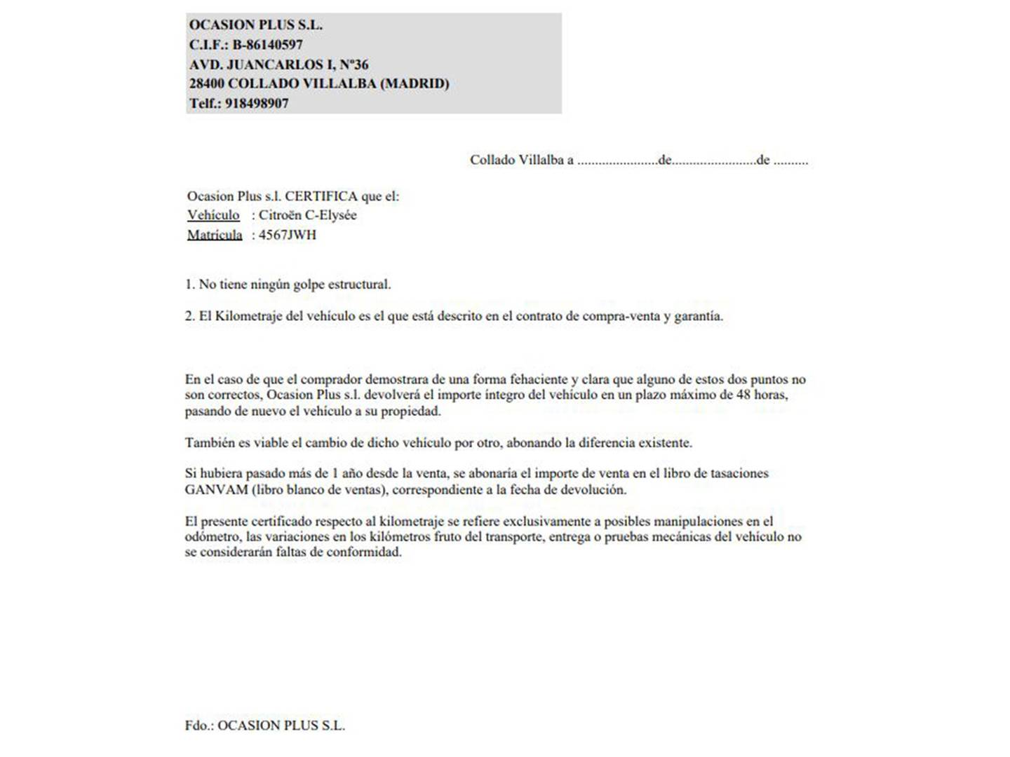 Foto del certificado del Citroën C-Elysee Citroën C-Elysee PureTech 82 Seduction (82 CV)