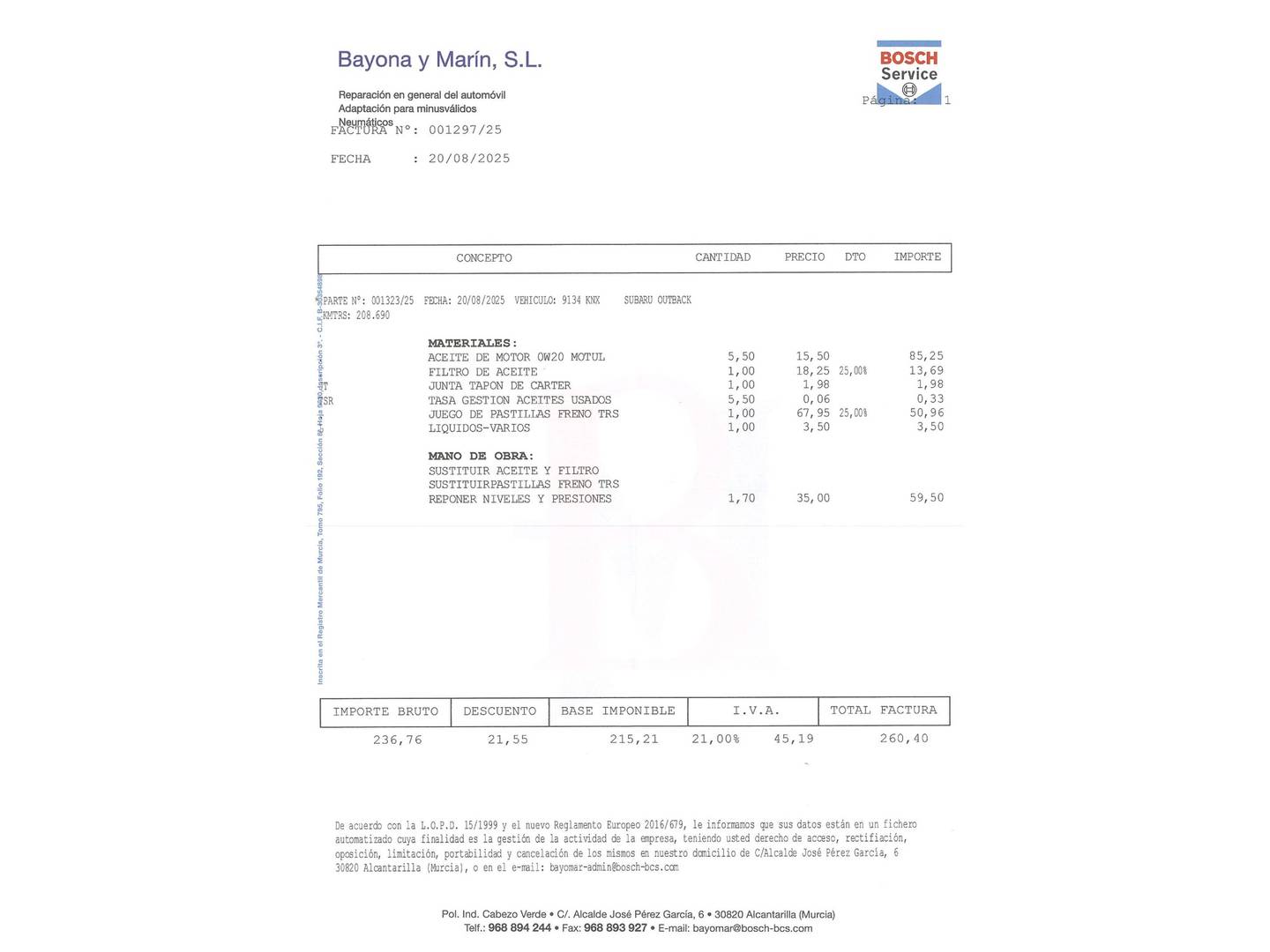 Foto del certificado del Subaru Outback Subaru Outback 2.5 Bi-Fuel Executive Plus CVT Lineartronic (173 CV)