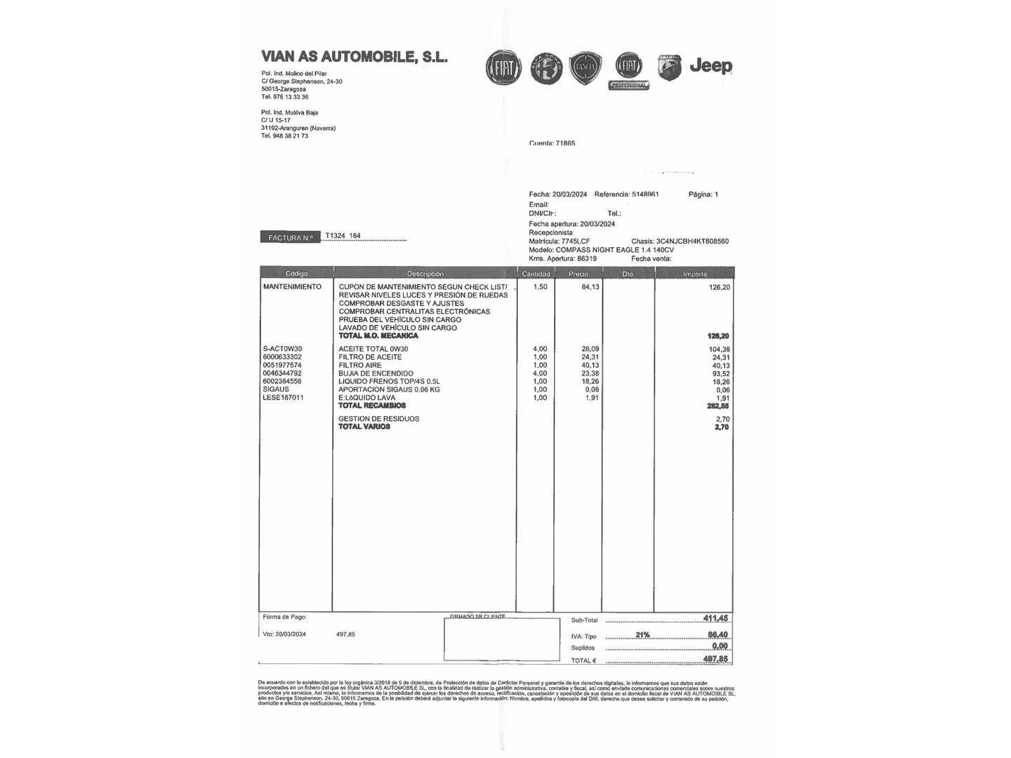 Foto del mantenimiento del Jeep Compass Jeep Compass 1.4 Multiair Night Eagle 4x2 (140 CV)