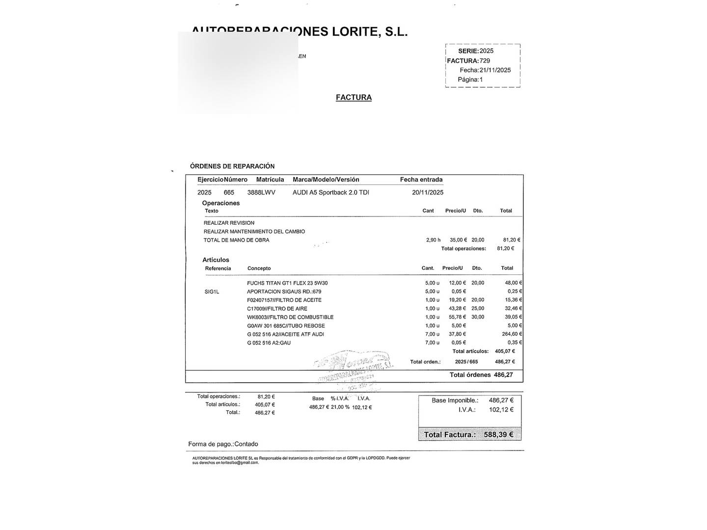 Foto del mantenimiento del Audi A5 Sportback Audi A5 Sportback 2.0 TDI (136 CV) S tronic Pack S-Line