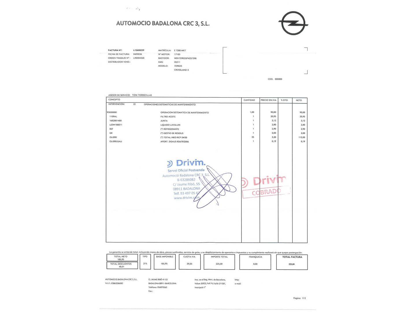 Foto del mantenimiento del Opel Crossland Opel Crossland 1.2 GS (110 CV)