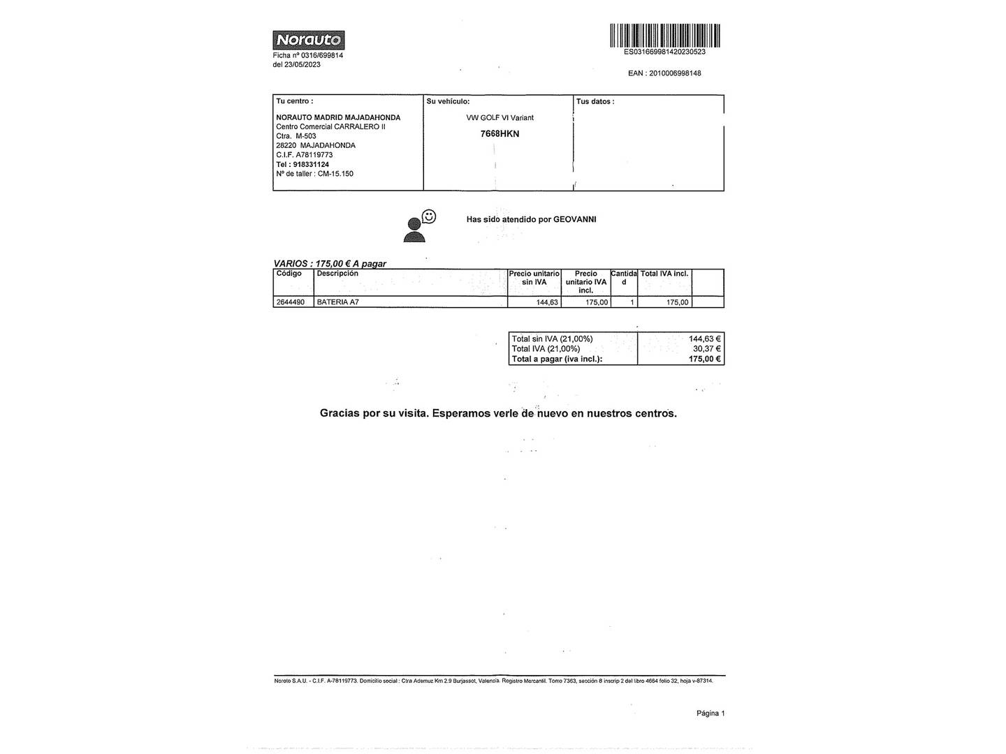 Foto del mantenimiento del Volkswagen Golf Volkswagen Golf Advance Rabbit 1.2 TSI (105 CV)