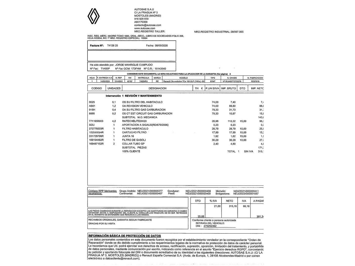 Foto del mantenimiento del Renault Clio Renault Clio Evolution TCe (100 CV) GLP