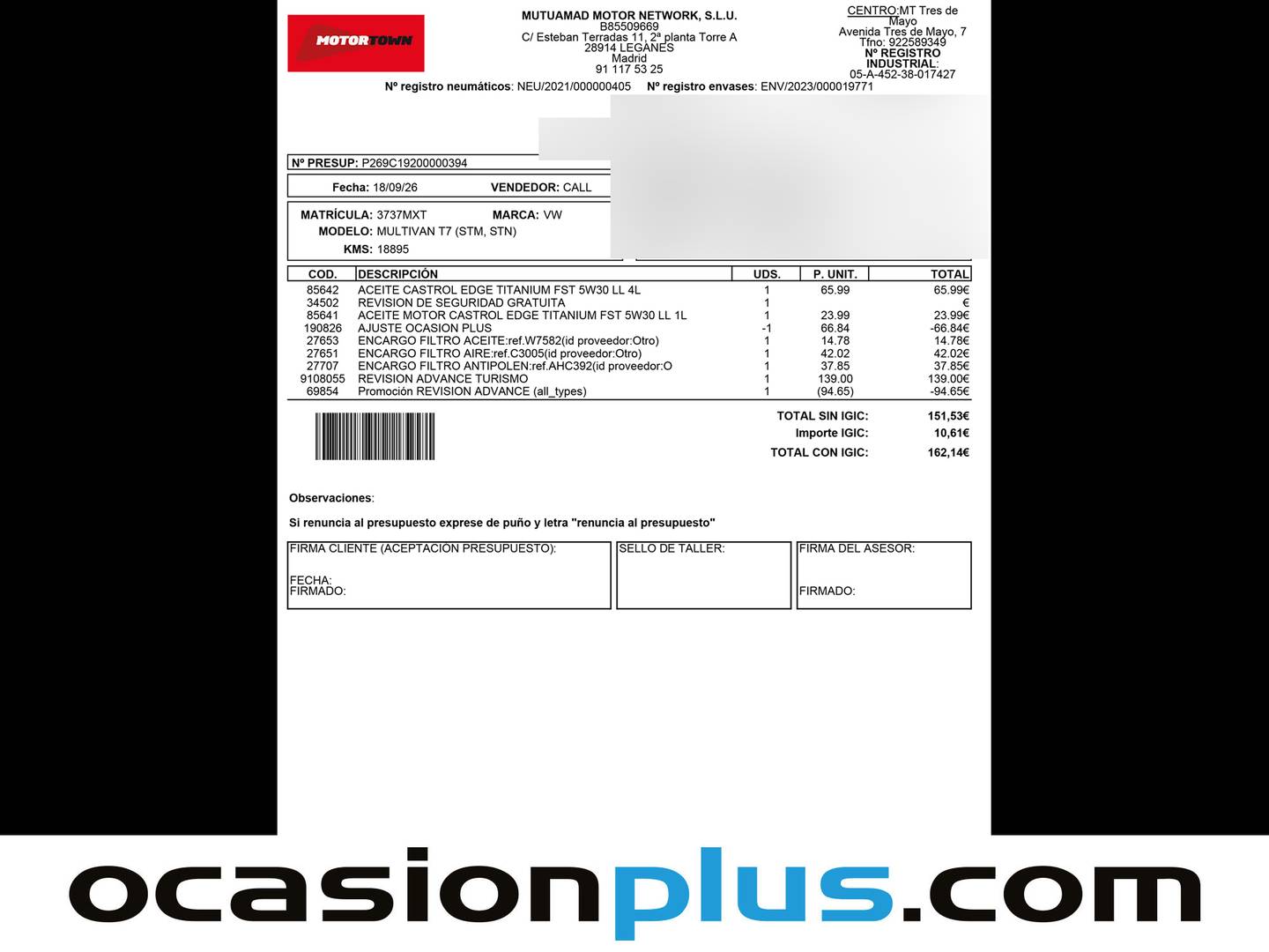 Foto del mantenimiento del Volkswagen Multivan Volkswagen Multivan Batalla Corta 2.0 TDI (150 CV) DSG 7 Plazas