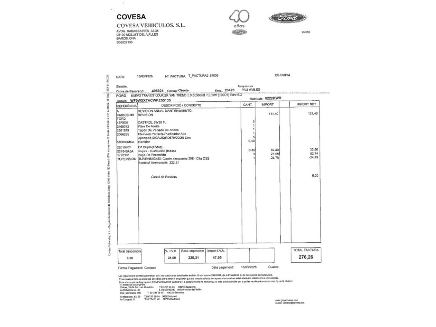 Foto del mantenimiento del Ford Transit Courier Ford Transit Courier Furgon 1.0 EcoBoost Trend (100 CV)