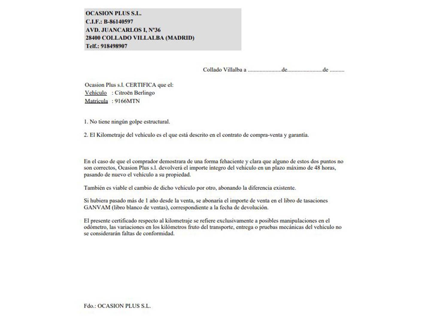 Foto del certificado del Citroën Berlingo Citroën Berlingo BlueHDi 130 S&S Talla XL Plus  (130 CV)