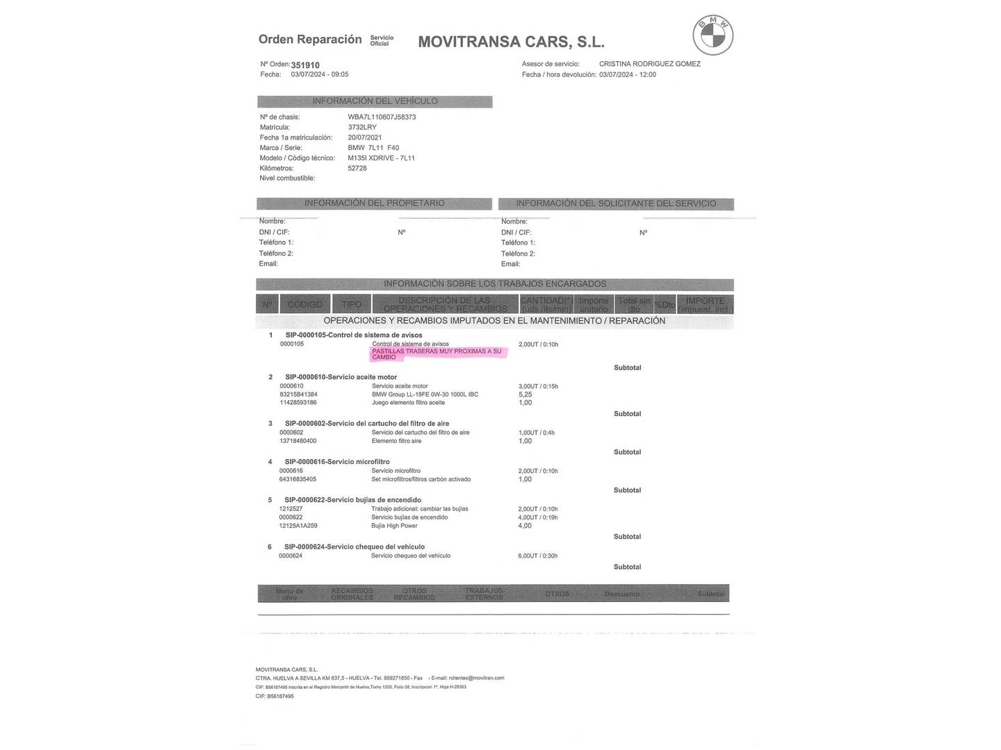 Foto del mantenimiento del BMW Serie 1 BMW Serie 1 M135i (306 CV)