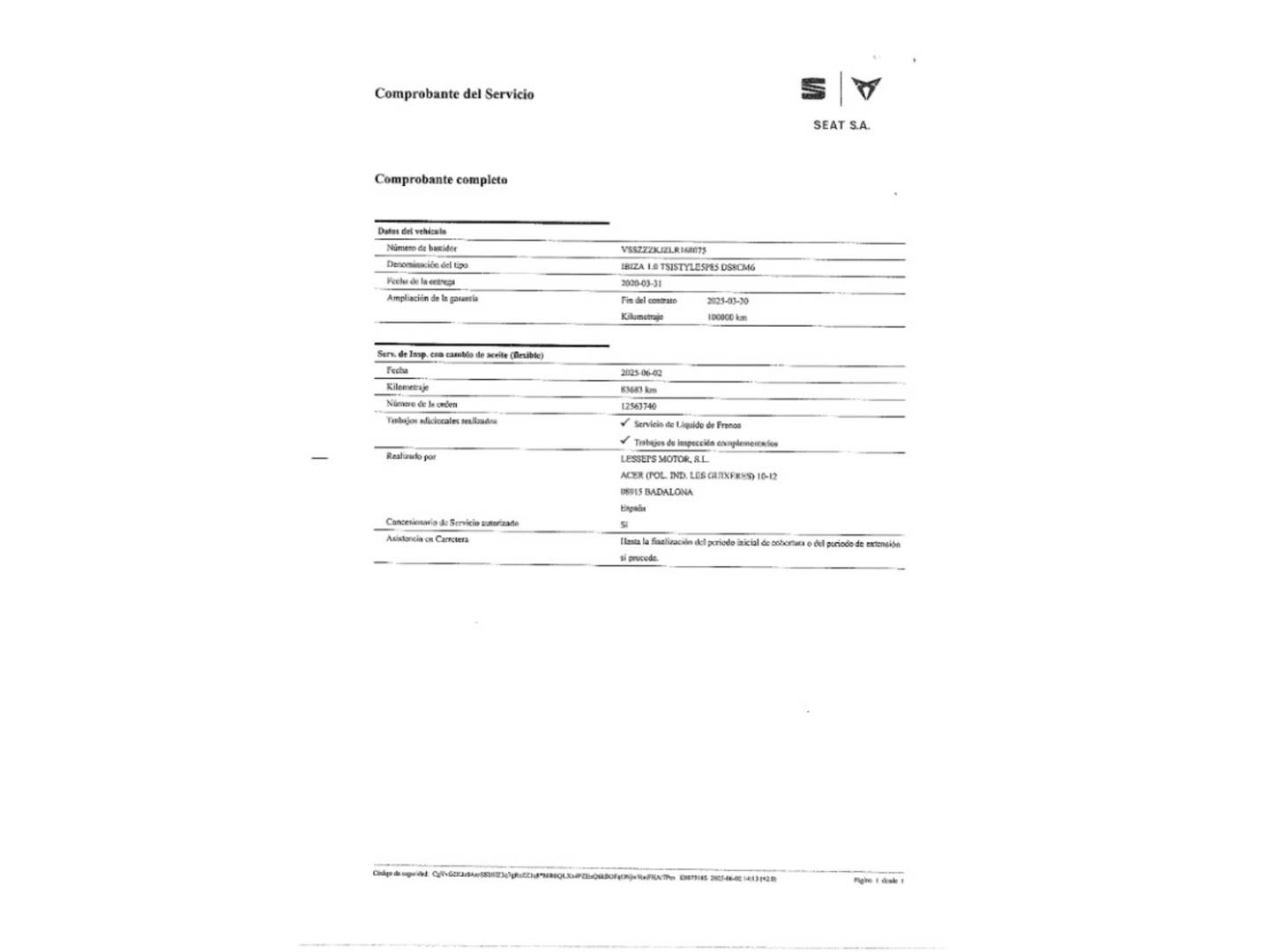 Foto del mantenimiento del Seat Ibiza Seat Ibiza 1.0 TSI Style Plus (115 CV)